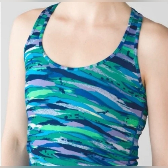 Lululemon Stretch Green Blue Gray White Striped Racerback Tank Top - Picture 4 of 7
